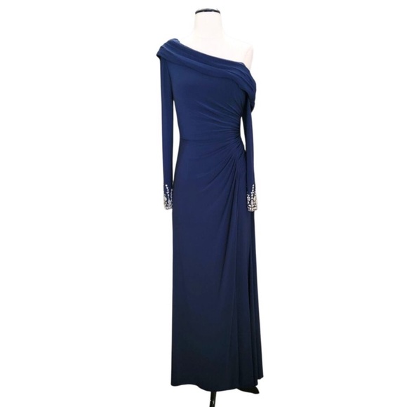 MAC DUGGAL BEADED CUFF DROP SHOULDER GOWN DRESS NAVY free shipping - Picture 5 of 8